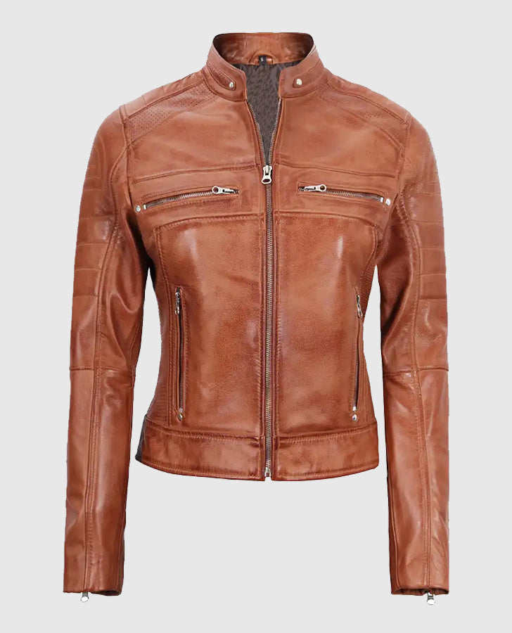 Women's Tan Cafe Racer Leather Jacket