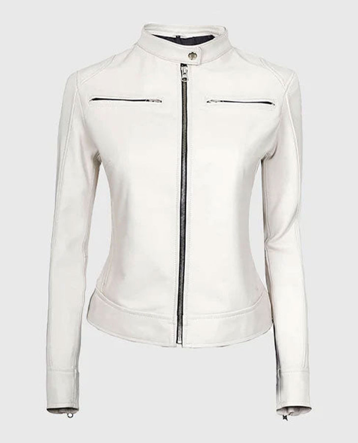 Women's White Leather Cafe Racer Jacket