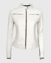 Women's White Leather Cafe Racer Jacket