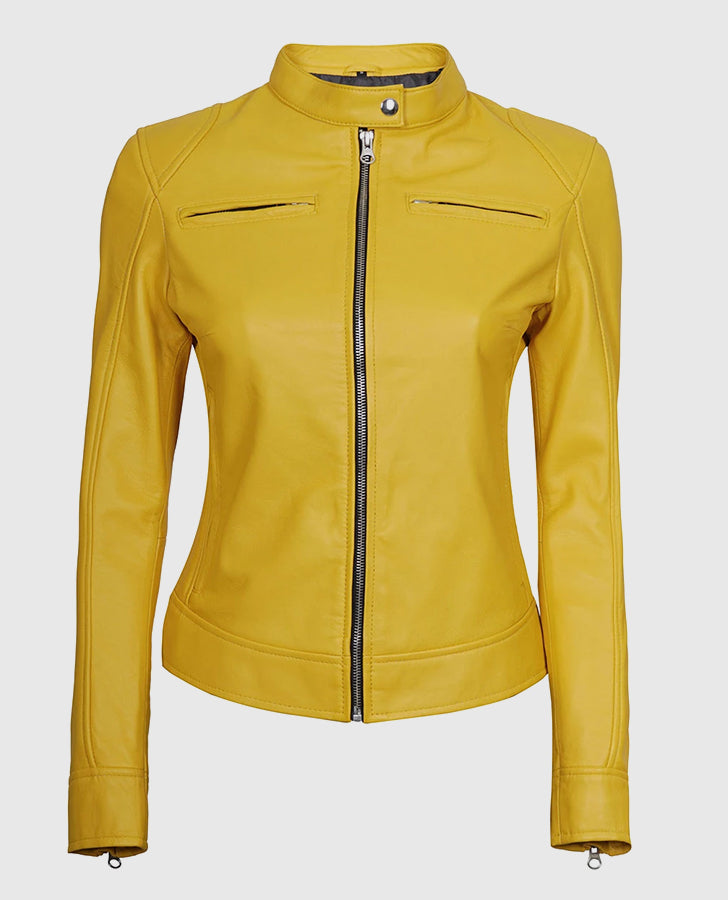 Women's Yellow Cafe Racer Leather Jacket