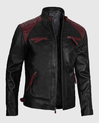 Men's Quilted Cafe Racer Black and Maroon Leather Jacket
