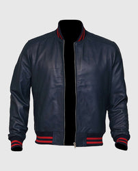 Men's Blue Sheepskin Leather Varsity Bomber Jacket