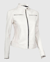 Women's White Leather Cafe Racer Jacket