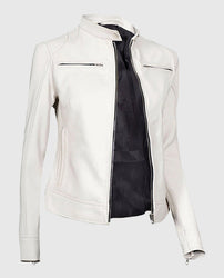 Women's White Leather Cafe Racer Jacket